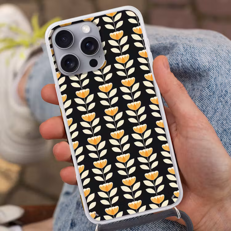 Telefoonhoesje met koord - Retro - Bloem - Zwart - Okergeel — 2