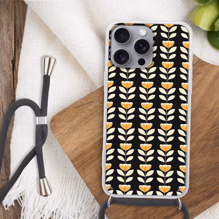 Telefoonhoesje met koord - Retro - Bloem - Zwart - Okergeel — 3