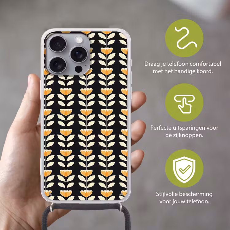 Telefoonhoesje met koord - Retro - Bloem - Zwart - Okergeel — 4