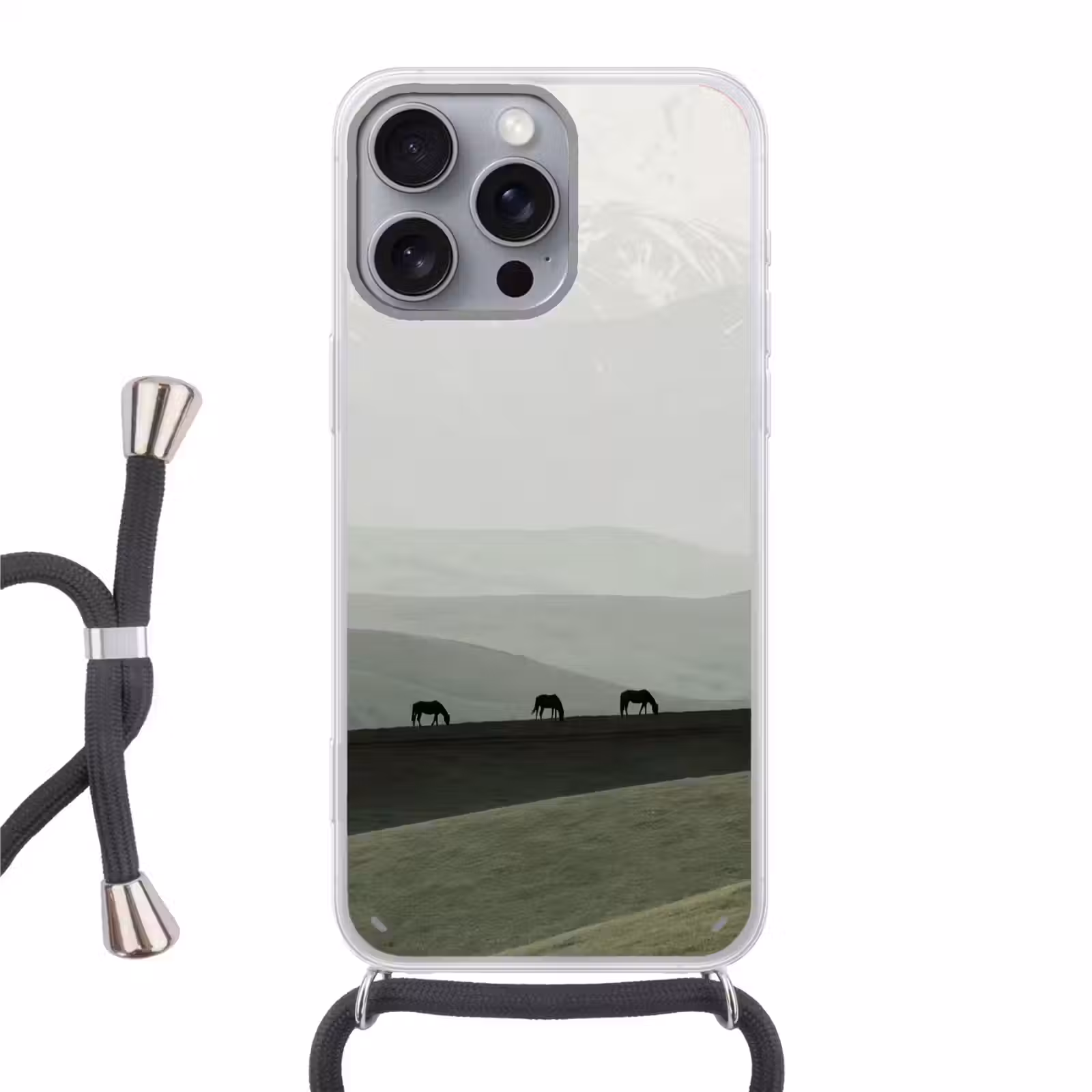 Telefoonhoesje met koord - Grijs - Berg - Paarden — 1