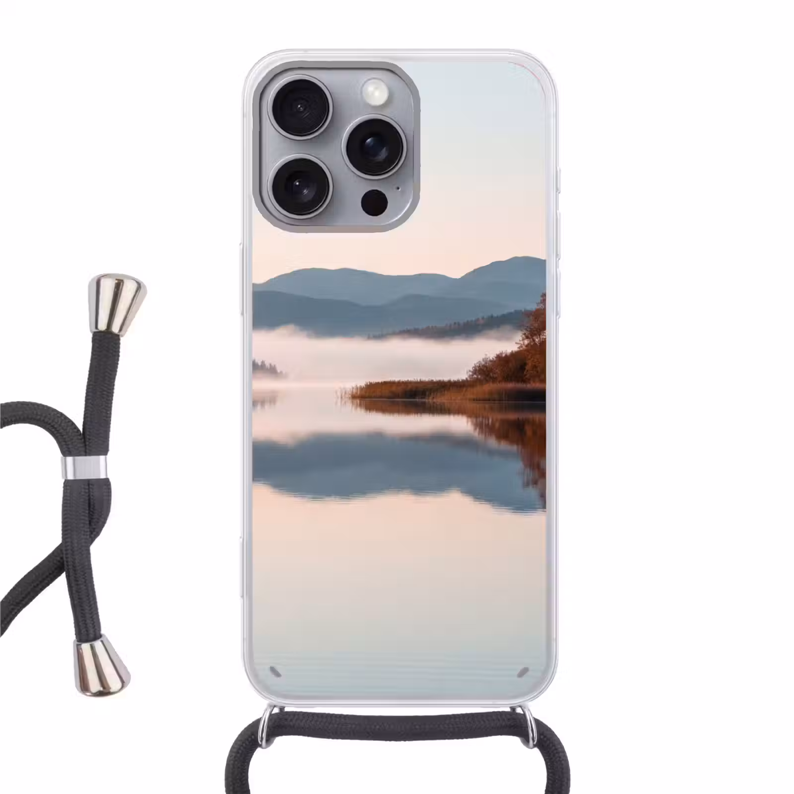 Telefoonhoesje met koord - Water - Bomen - Mistlaag — 1