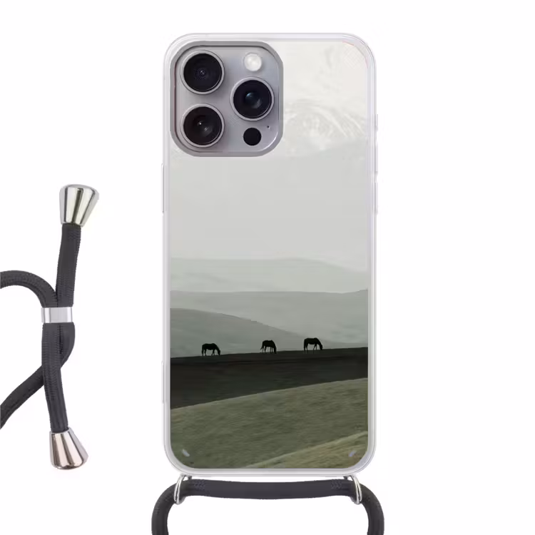 Telefoonhoesje met koord - Grijs - Berg - Paarden — 1