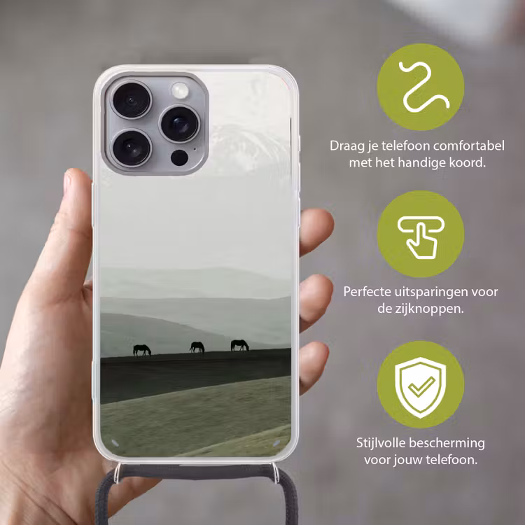 Telefoonhoesje met koord - Grijs - Berg - Paarden — 4