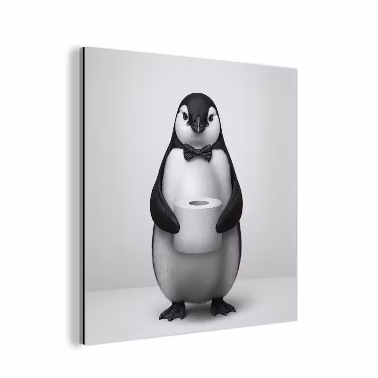 Aluminium schilderij - Pinguïn met Strikje en Toiletpapier