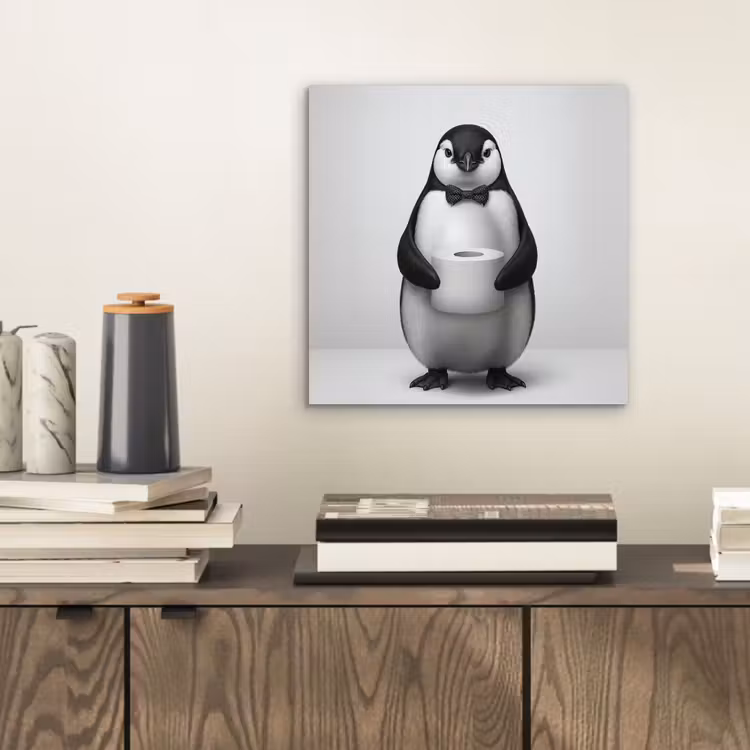 Aluminium schilderij - Pinguïn met Strikje en Toiletpapier — 2
