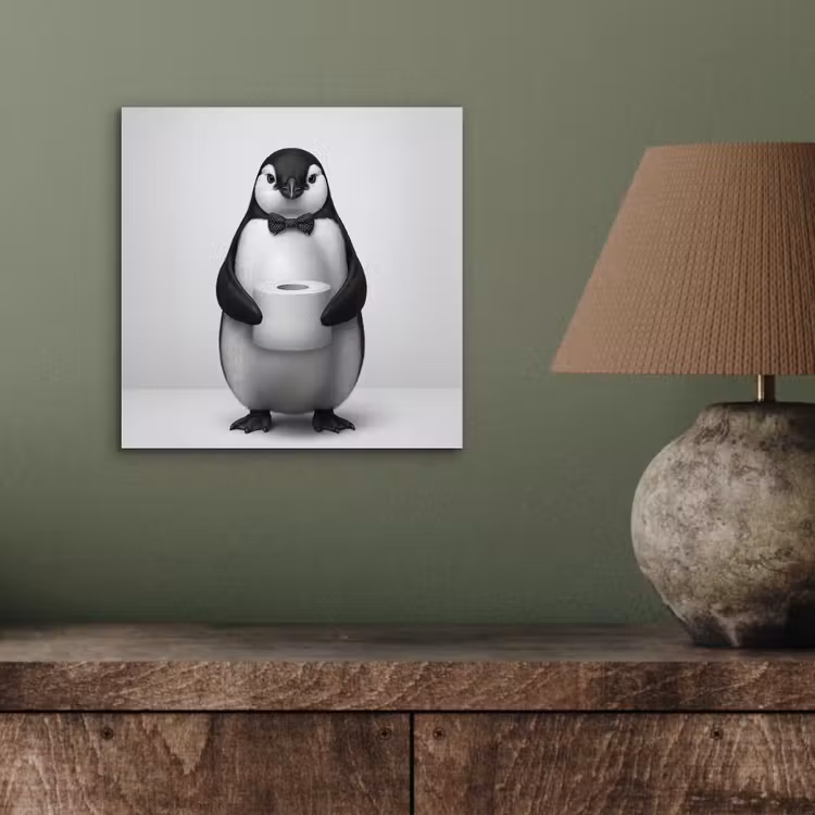 Aluminium schilderij - Pinguïn met Strikje en Toiletpapier — 3