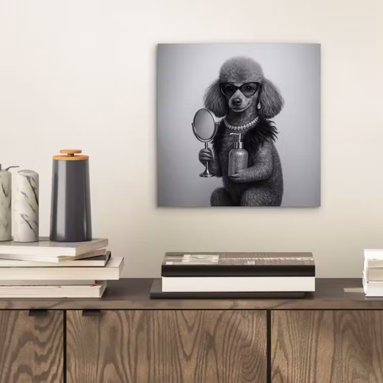 Aluminium schilderij - Poedel met Zonnebril Zwart Wit — 2