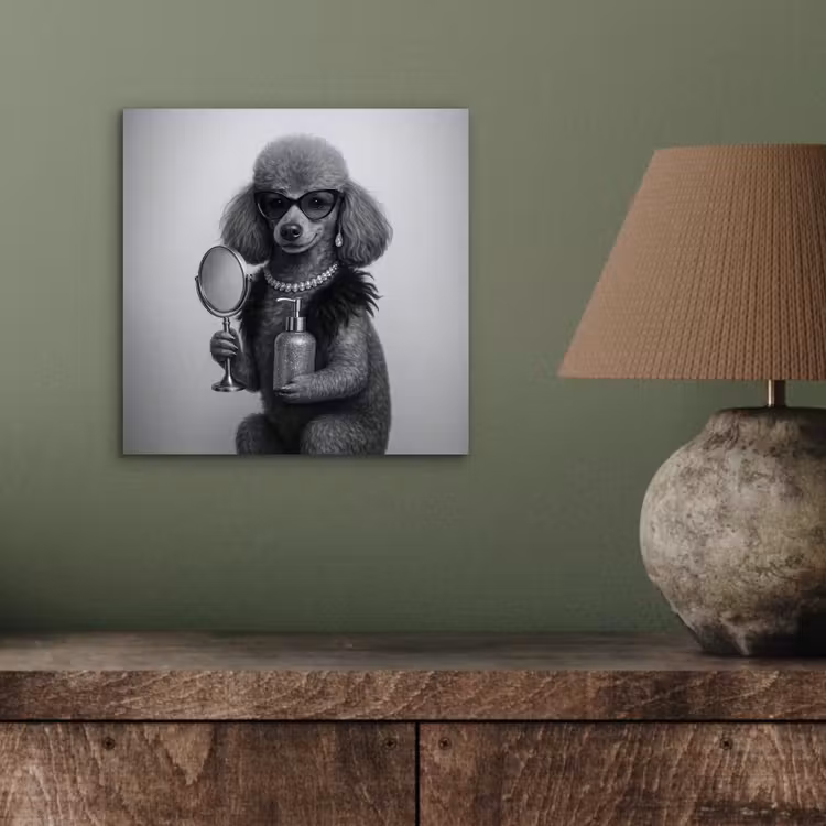 Aluminium schilderij - Poedel met Zonnebril Zwart Wit — 3