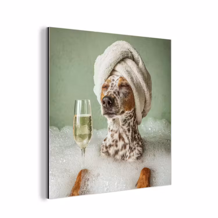 Aluminium schilderij - Hond - Bad - Champagne - Handdoek — 1