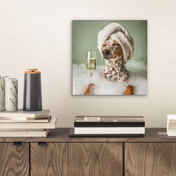 Aluminium schilderij - Hond - Bad - Champagne - Handdoek — 2