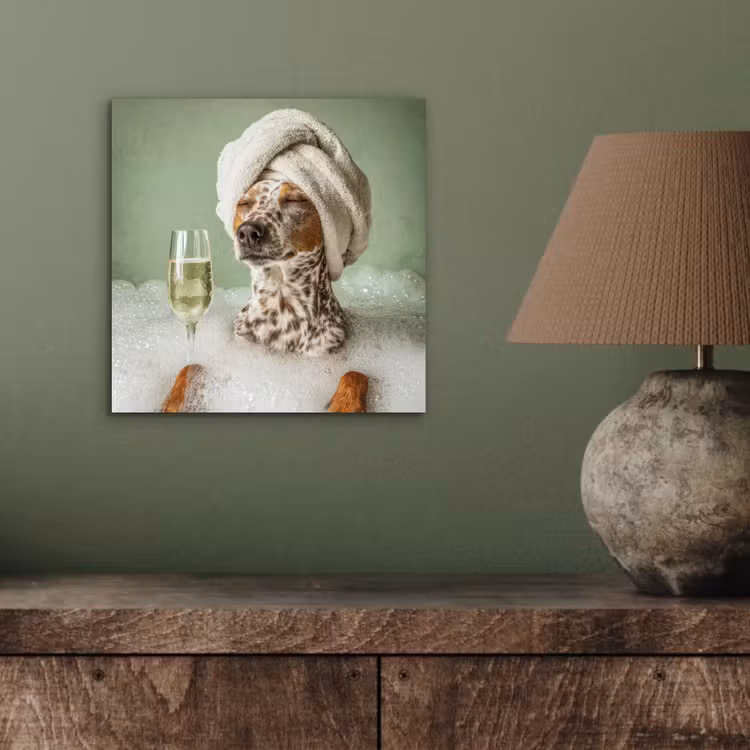 Aluminium schilderij - Hond - Bad - Champagne - Handdoek — 3