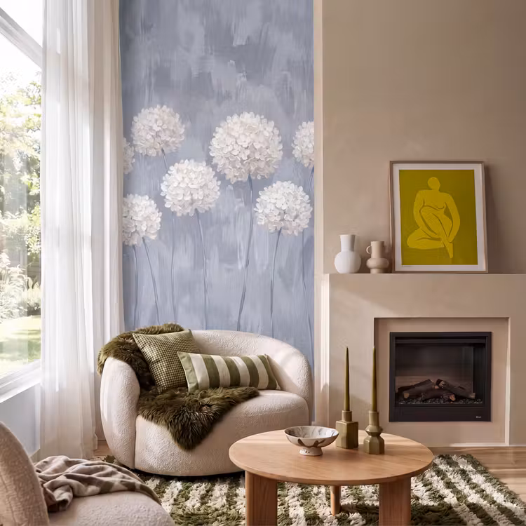 Behang - Witte Hortensia's Blauwe Achtergrond