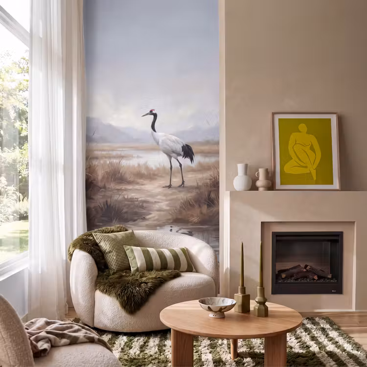 Behang - Kraanvogel in Landschap