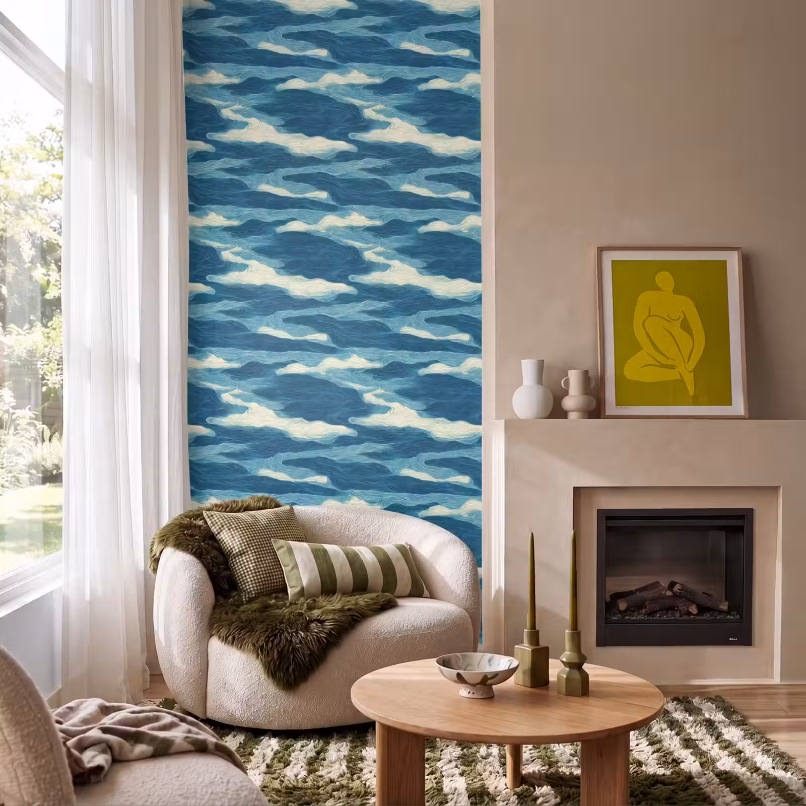 Behang - Golven - Abstract - Patroon - Blauw - Wit — 1