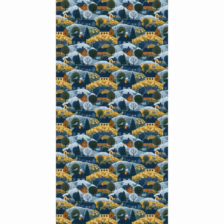 Behang - Huisjes - Bloemen - Patroon - Geel - Blauw — 2