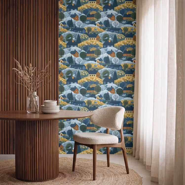 Behang - Huisjes - Bloemen - Patroon - Geel - Blauw — 4