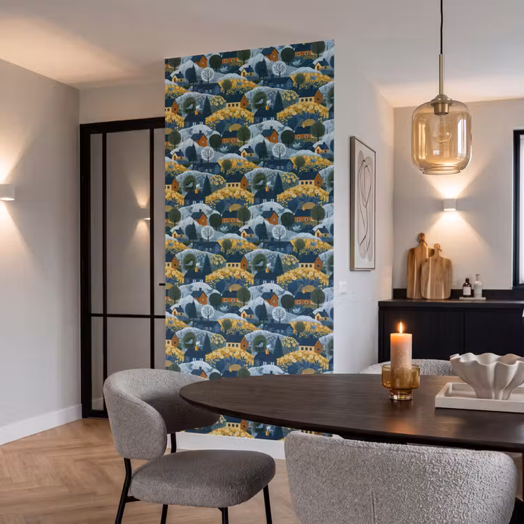 Behang - Huisjes - Bloemen - Patroon - Geel - Blauw — 5