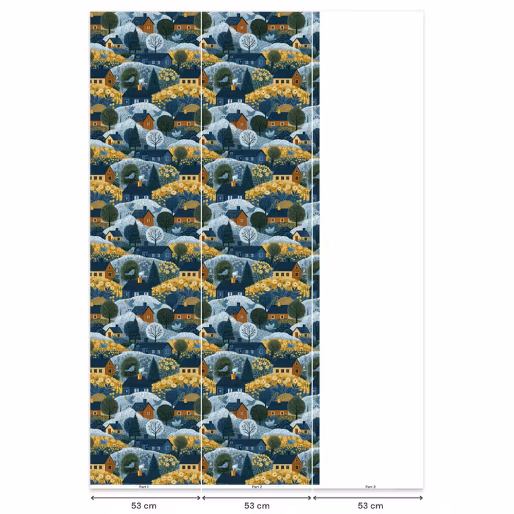 Behang - Huisjes - Bloemen - Patroon - Geel - Blauw — 6