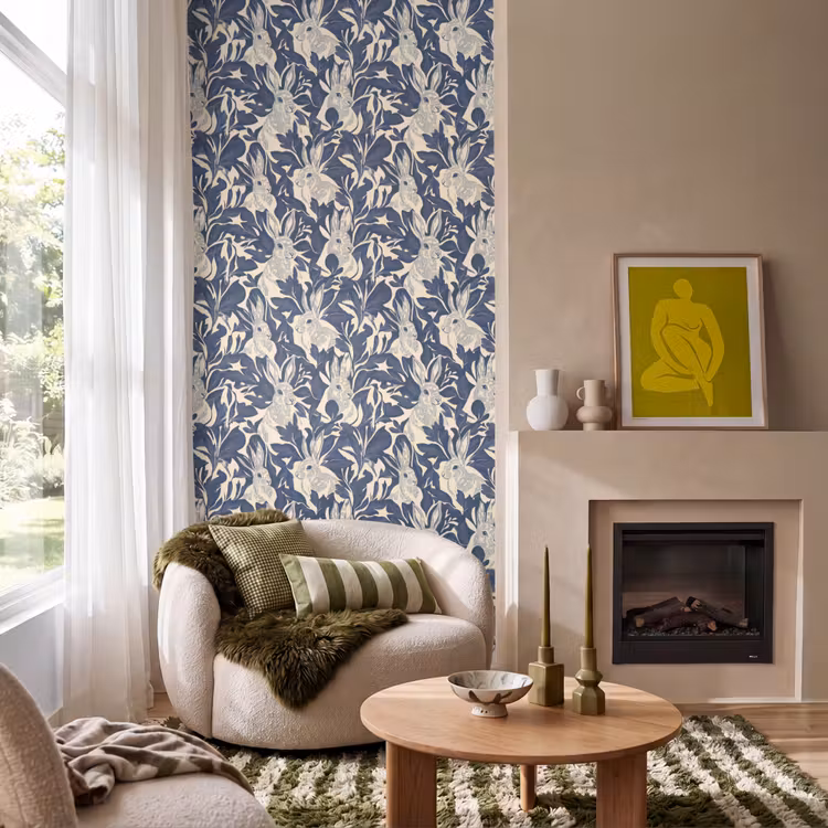 Behang - Hazen - Bladeren - Patroon - Blauw - Beige — 1