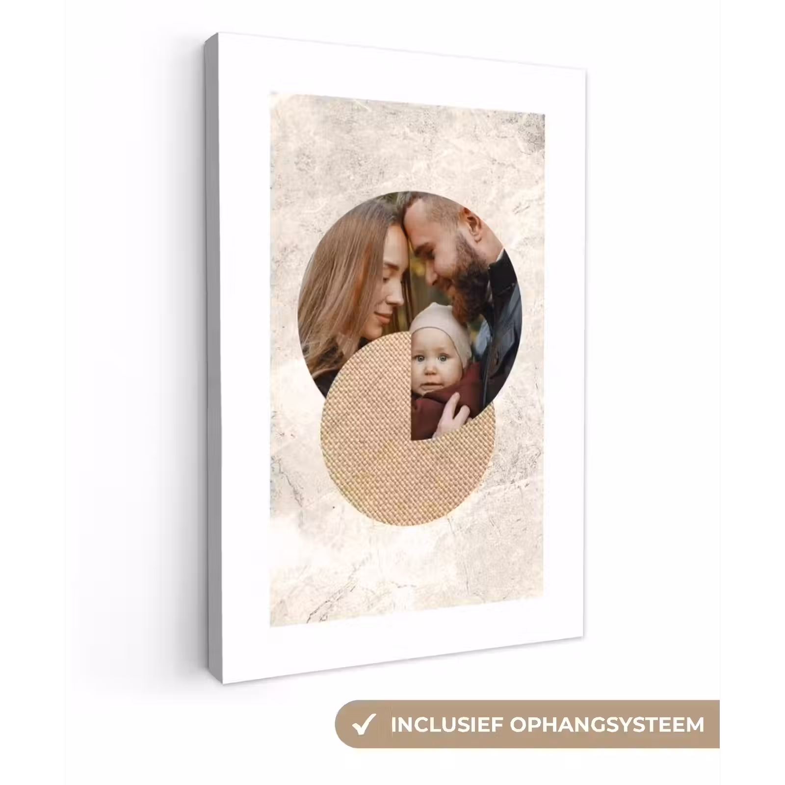Gepersonaliseerd canvas schilderij - Ronde fotocollage met beige textuur en marmeren achtergrond — 1