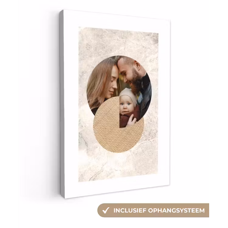 Gepersonaliseerd canvas schilderij - Ronde fotocollage met beige textuur en marmeren achtergrond — 1