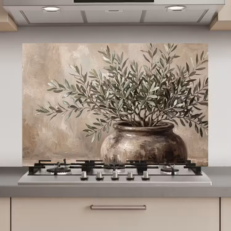 Spatscherm keuken - Olijfplant - Aardenpot - Abstract - Beige