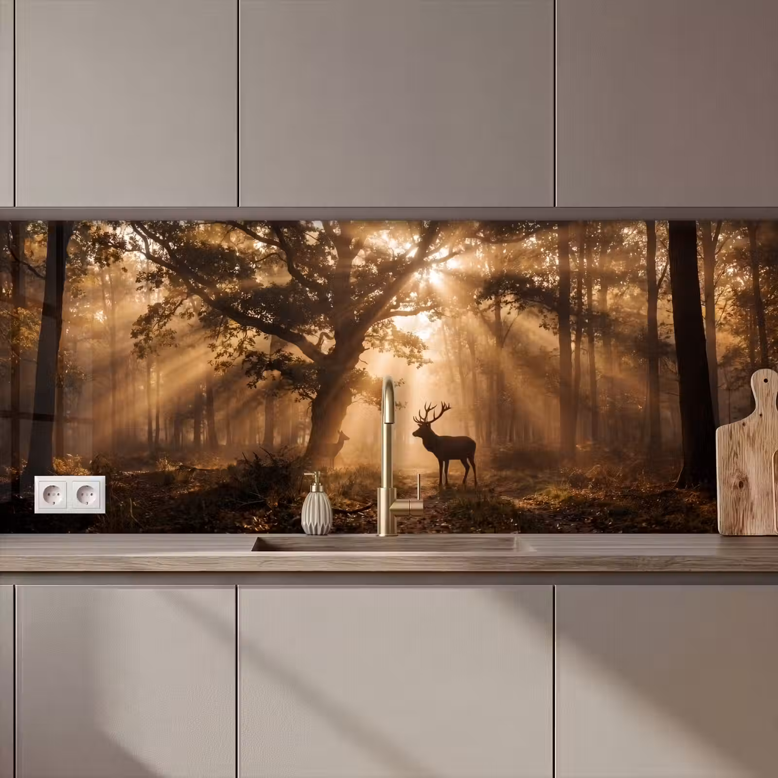 Keuken achterwand - Hert - Bos - Mistig - Natuur - Goud — 1