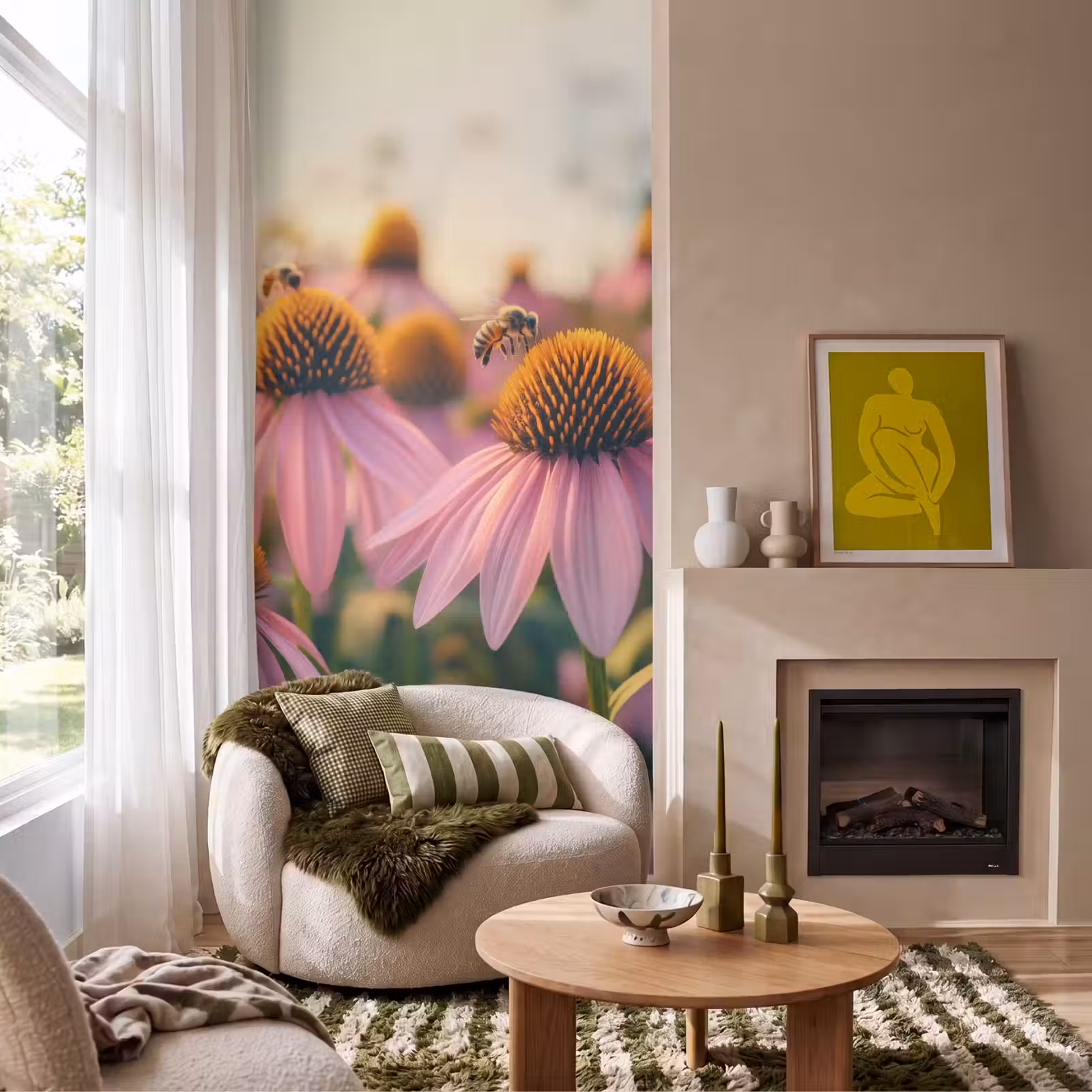 Behang - Bloemen - Paars - Bijen — 1