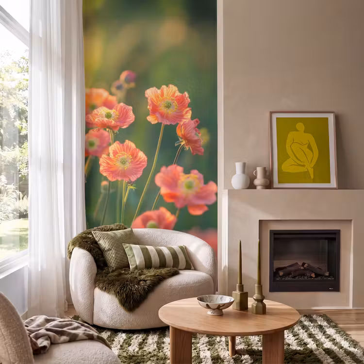 Behang - Bloemenveld - Zonnestralen - Oranje — 1