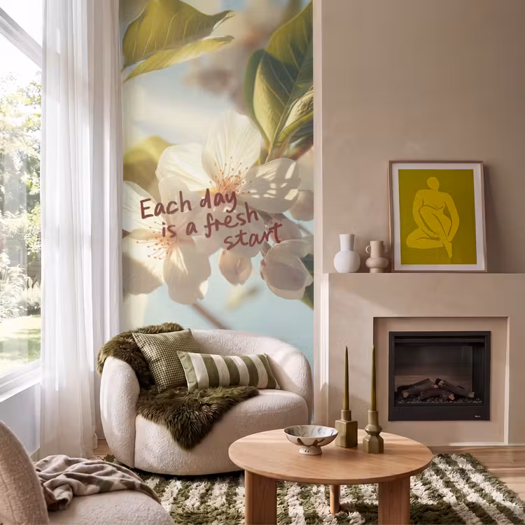 Behang - Bloesems - Zonlicht - Quote - Wit — 1
