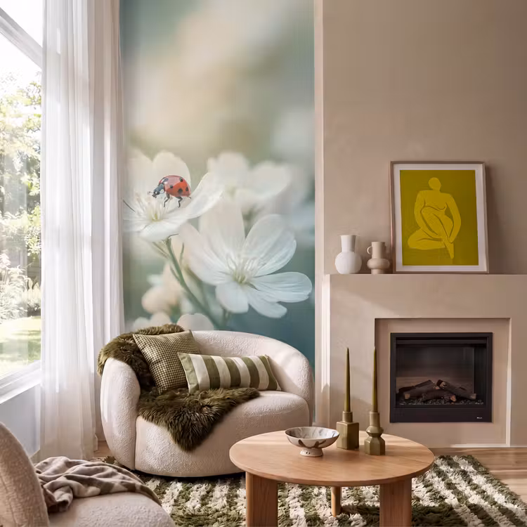 Behang - Lieveheersbeestje - Bloemen - Wit — 1
