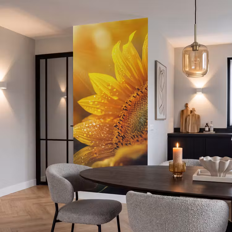 Behang - Zonnebloem - Dauwdruppels - Geel - Zonlicht — 5