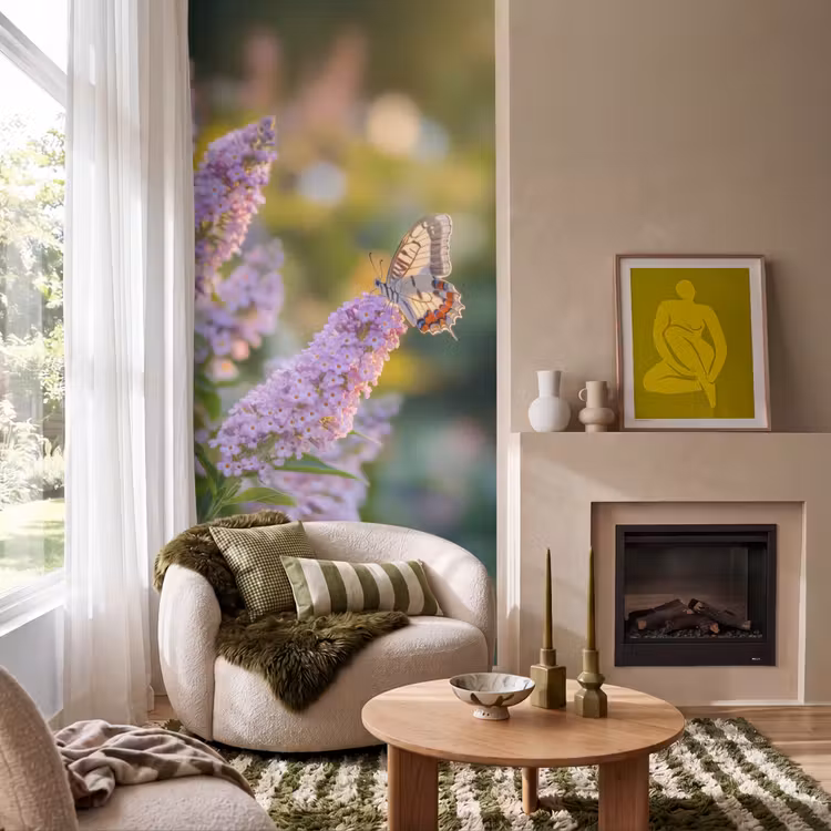 Behang - Sierlijke - Vlinder - Paarse - Bloemen — 1