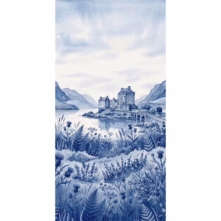Behang - Schots - Kasteel - Blauw - Aquarel — 2
