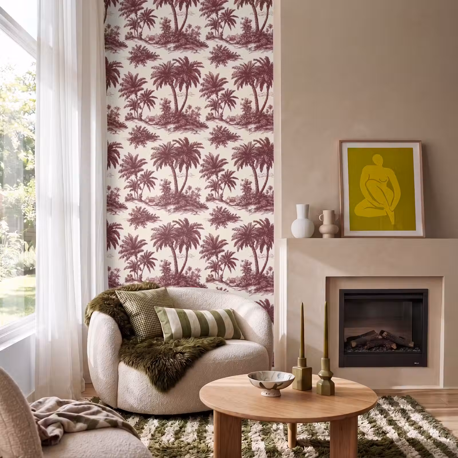 Behang - Tropisch - Geometrisch - Bordeauxrood β 1