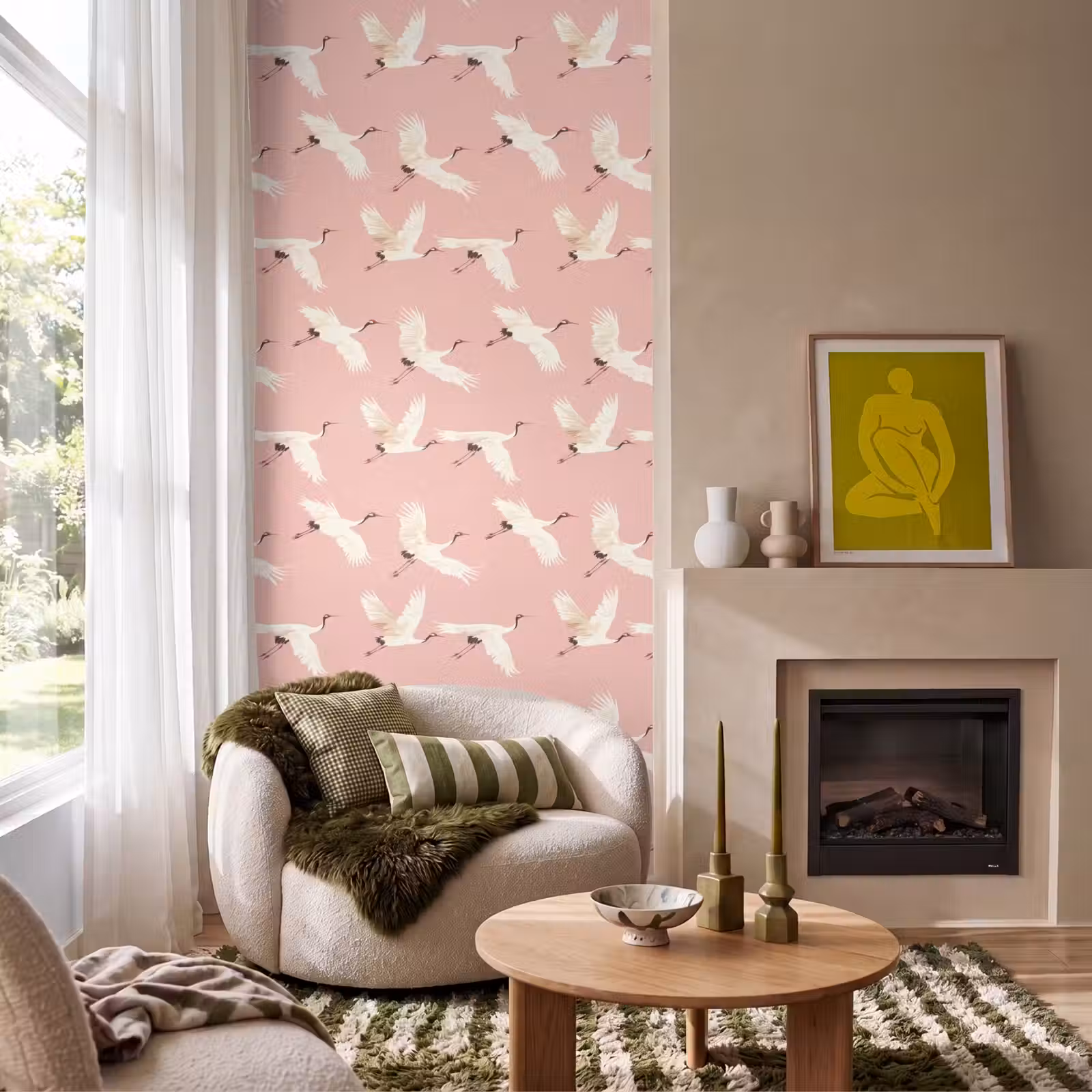 Behang - Modern - Kraanvogels - Roze — 1
