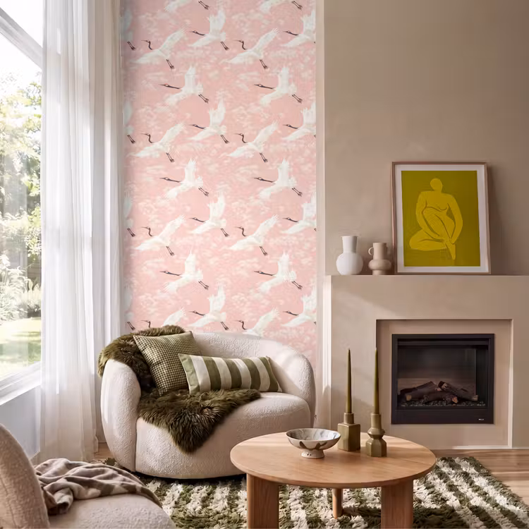 Behang - Kraanvogels - Bloesem - Roze — 1