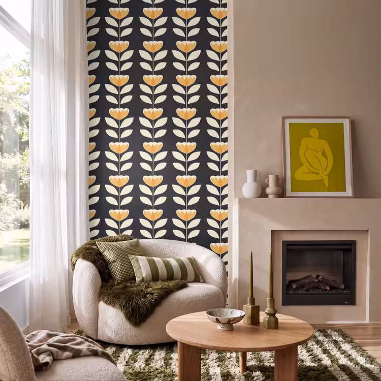Behang - Retro - Bloem - Zwart - Okergeel — 1