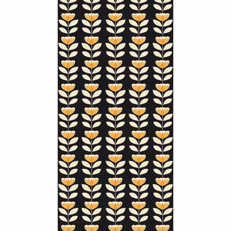 Behang - Retro - Bloem - Zwart - Okergeel — 2