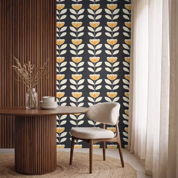 Behang - Retro - Bloem - Zwart - Okergeel — 4