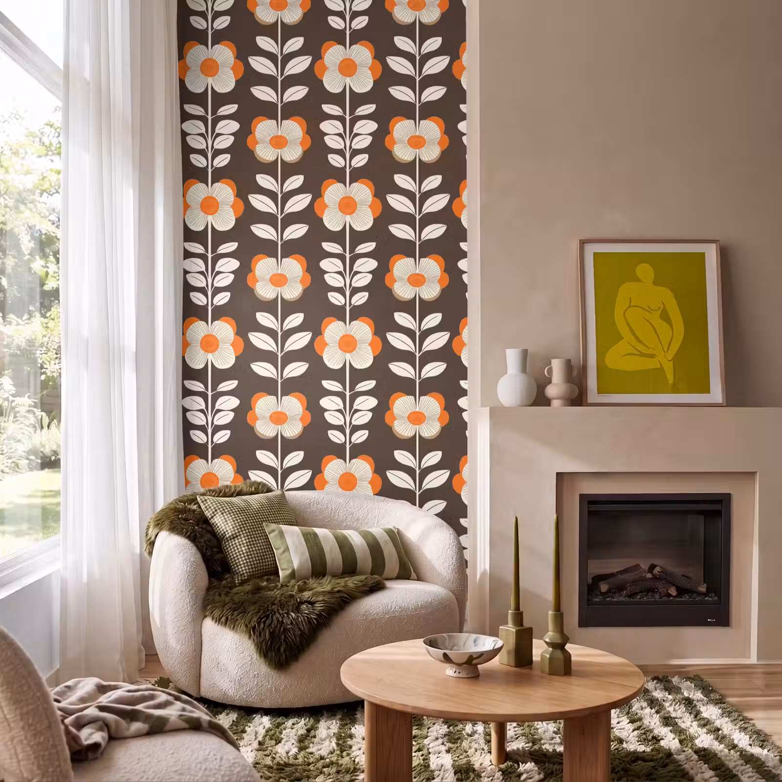 Behang - Bloemen - Retro - Bruin — 1