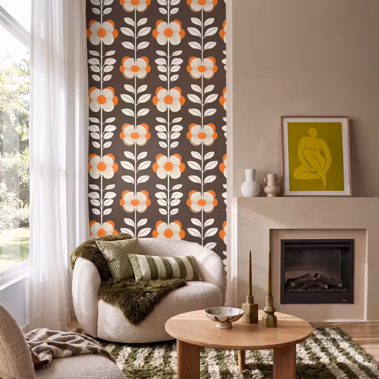 Behang - Bloemen - Retro - Bruin — 1