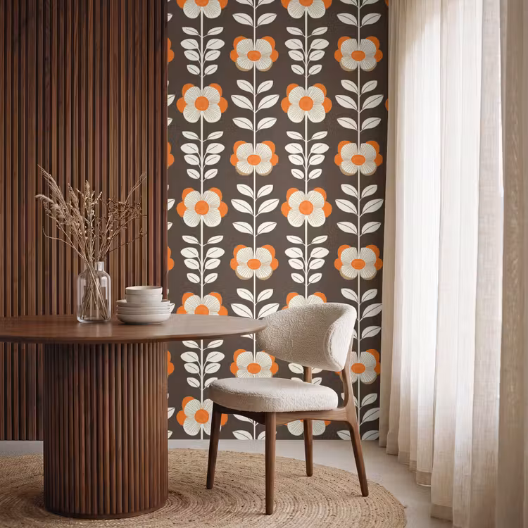 Behang - Bloemen - Retro - Bruin — 4