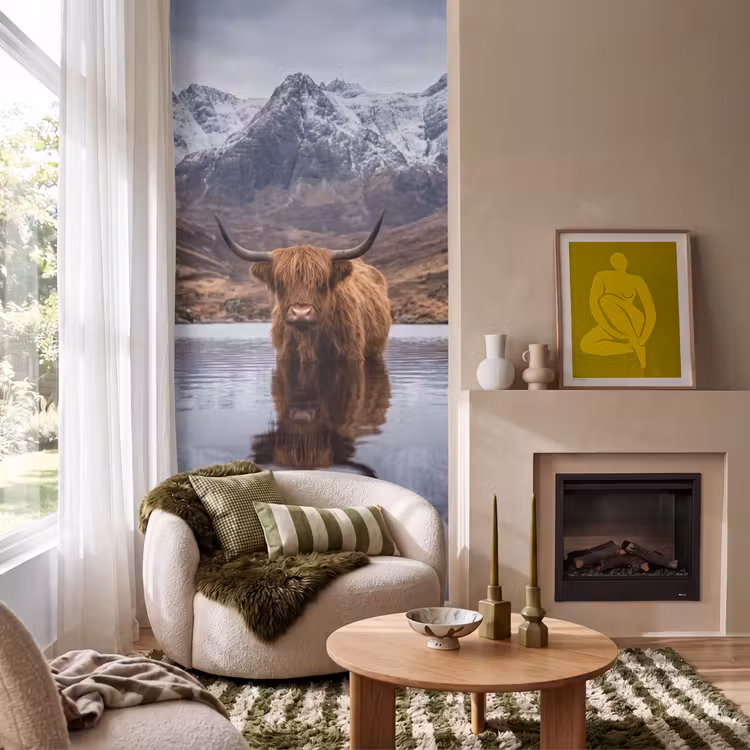 Behang - Schotse hooglander - Bruin - Water — 1