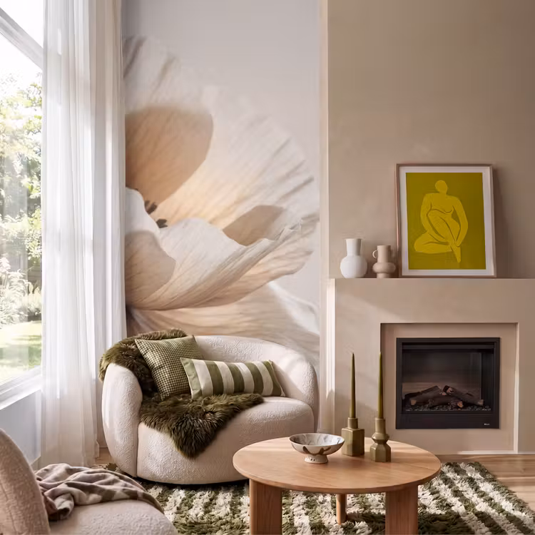 Behang - Bloem - Beige - Crème