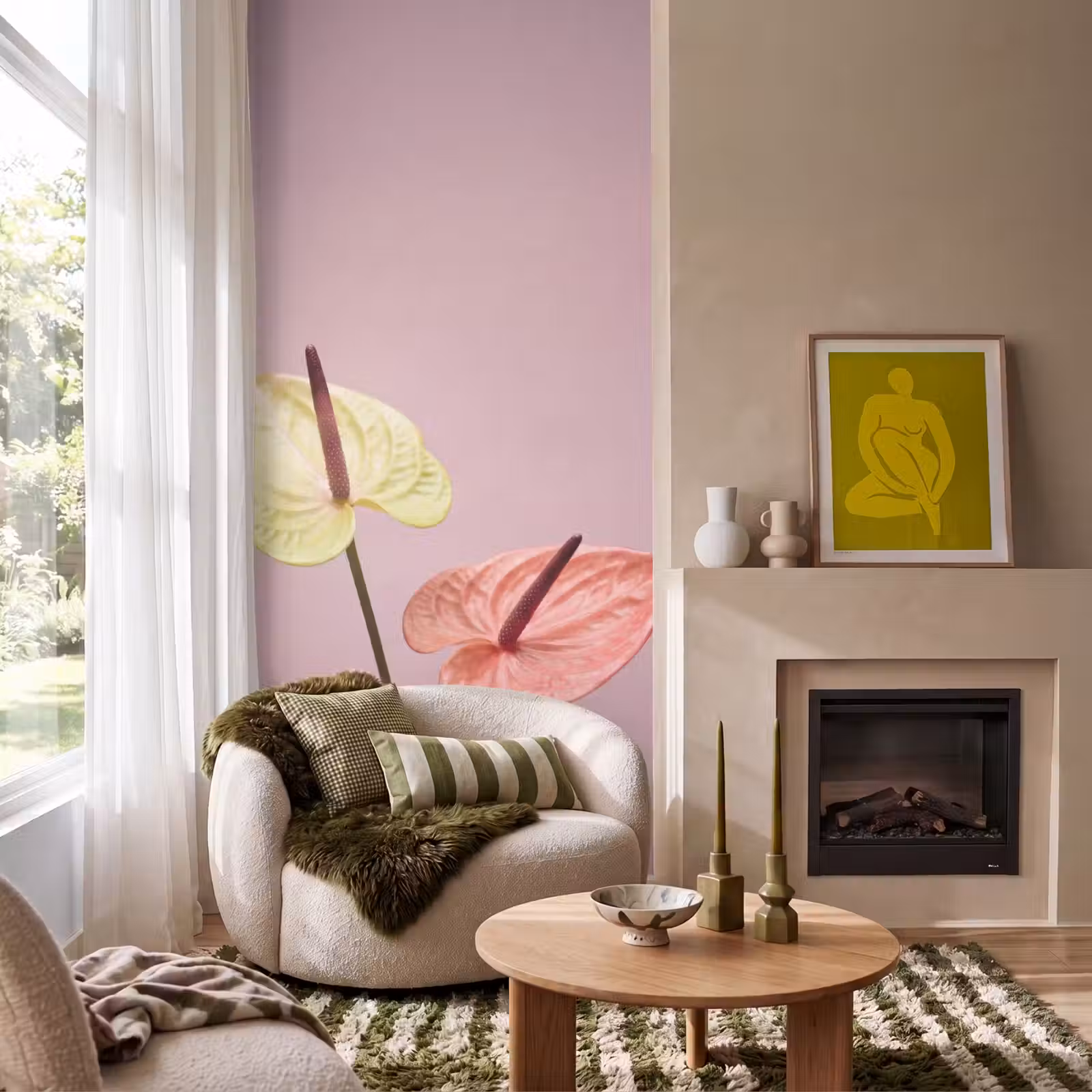 Behang - Bloemen - Anthuriums - Geel - Roze — 1