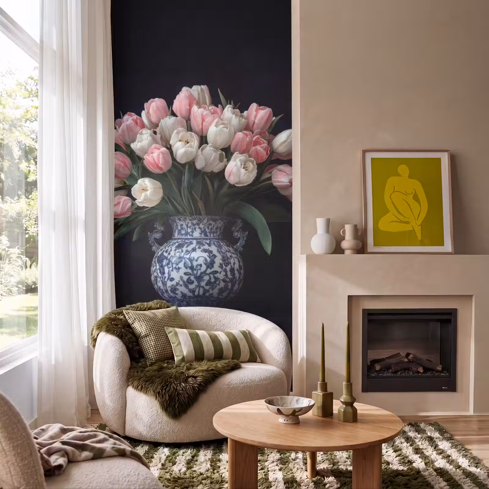 Behang - Bloemen - Roze - Tulpen - Vaas — 1
