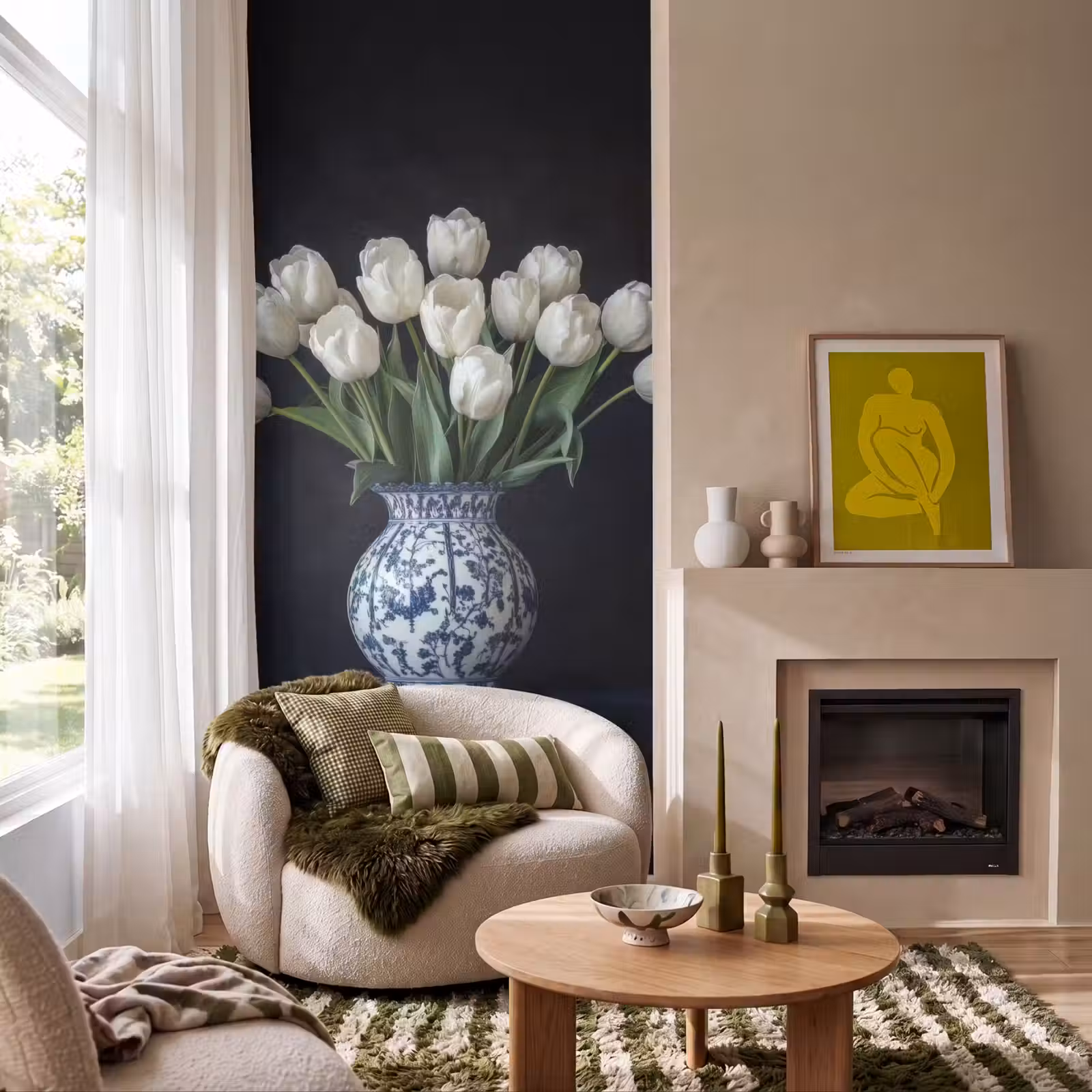 Behang - Wit - Bloemen - Tulpen - Vaas — 1