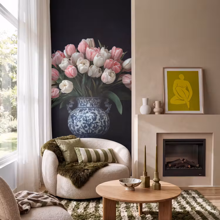 Behang - Bloemen - Roze - Tulpen - Vaas — 1