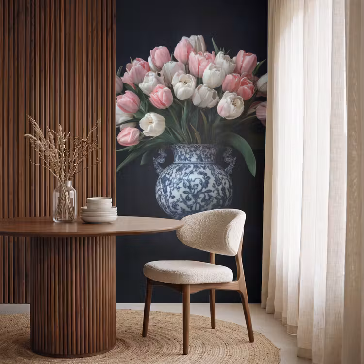 Behang - Bloemen - Roze - Tulpen - Vaas — 4